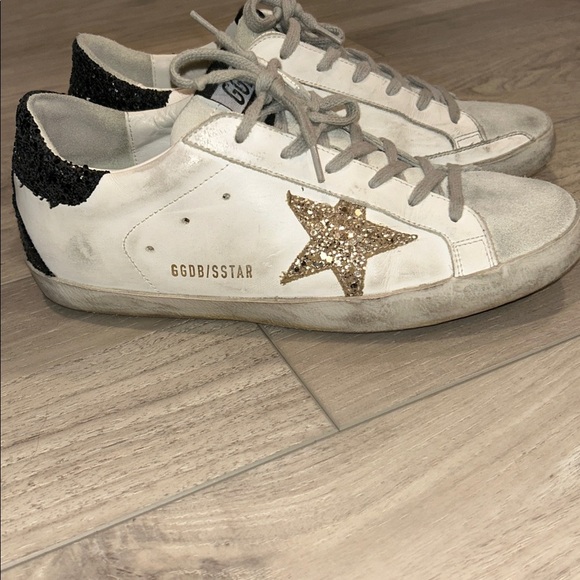 Golden Goose White Sneakers with Gold Star and Black Glitter Heel Tab Size 39 - Picture 6 of 14